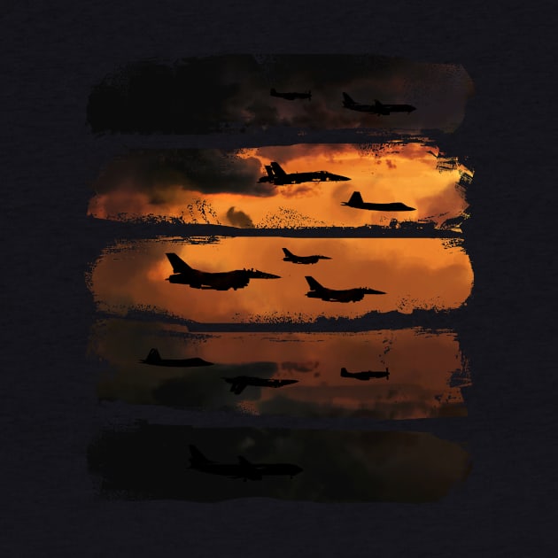 Flying Jets and Airplanes - Sunset Sky by Area31Studios